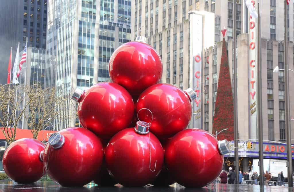 Big Red Ornaments in Rockefeller Center at Christmas